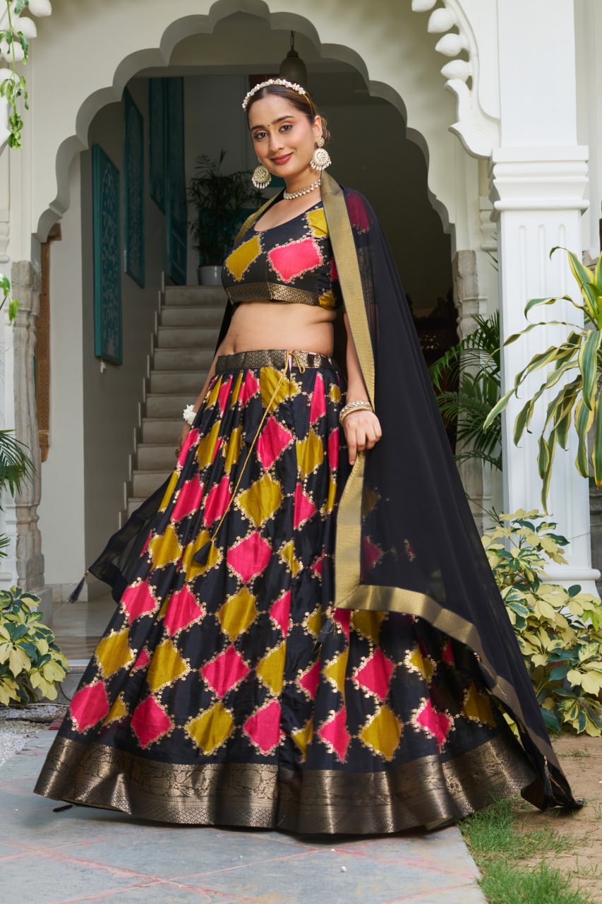 Black Dola Jacquard Silk Lehenga — view 1